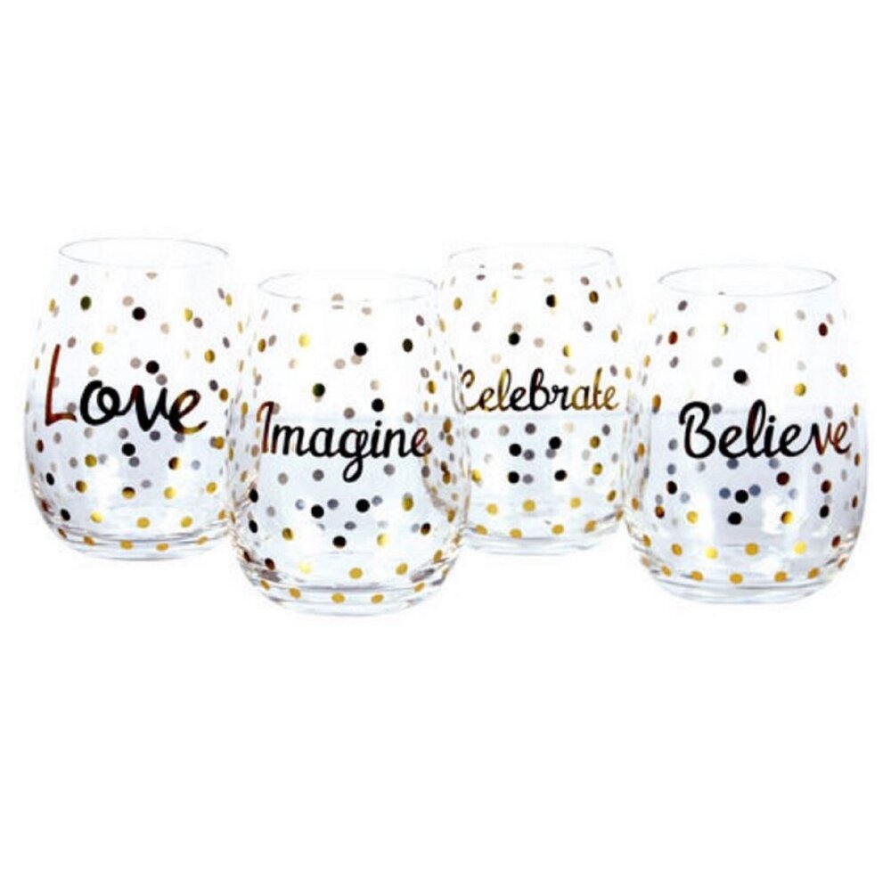 Set of 4 Gold Foil Stemless Wine Glasses: Love, Believe, Imagine, Celebrate